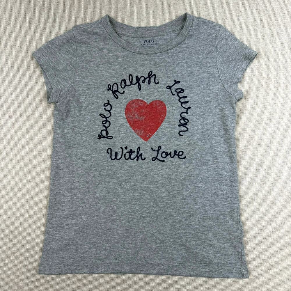Polo Ralph Lauren Girls Tee With Love Heart Graphic Gray T-Shirt Vday 6x